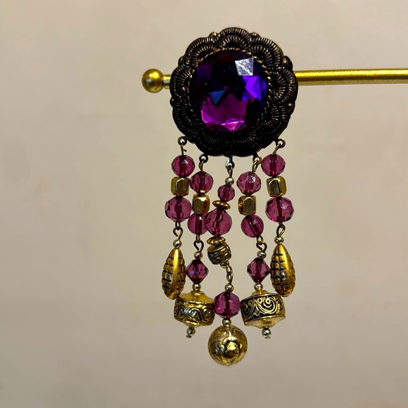 80s style Vintage Dalessio Design Chicago Purple & Gold Dangle Earrings Clip Ons - Picture 3 of 8